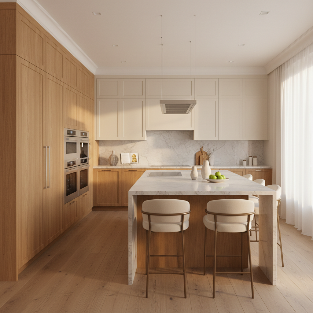 Upscale kitchen with integrated refrigerator and wall oven